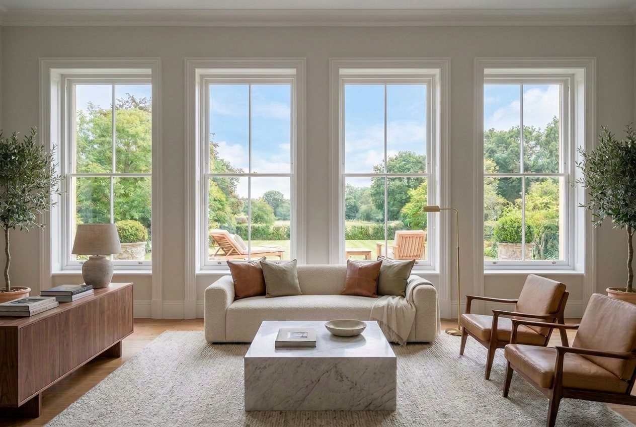 The same living room with bare windows