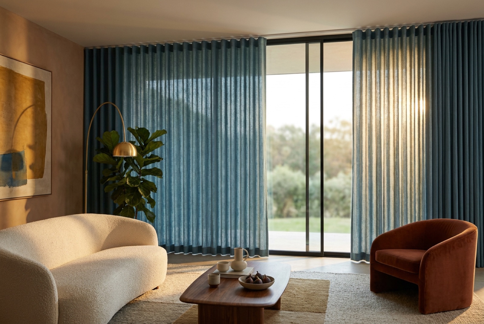 Wave fold drapery in a living room
